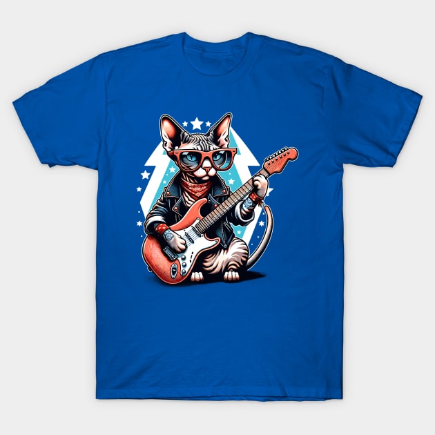 Devon Rex Cat Playing Guitar T-Shirt by Graceful Designs